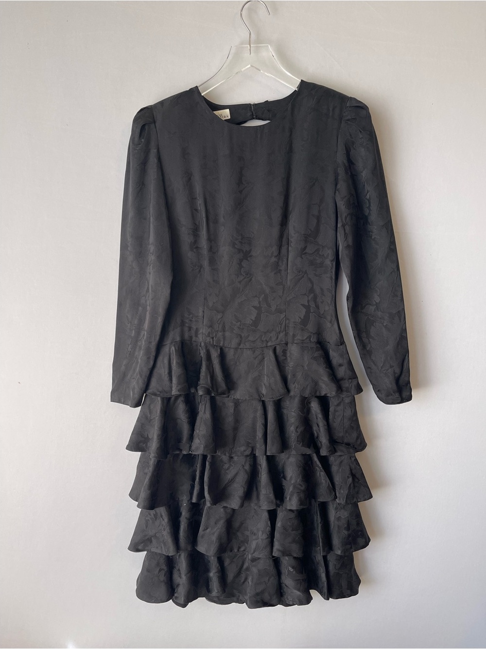 80s Silk Jacquard Multi Tiered Black Party Dress 4